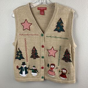 Merry & Bright Tan Christmas embellished button down Woman Cardigan Vest Size PM